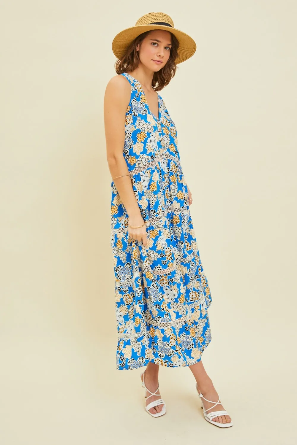 Heather Printed Crochet Trim Maxi Dress