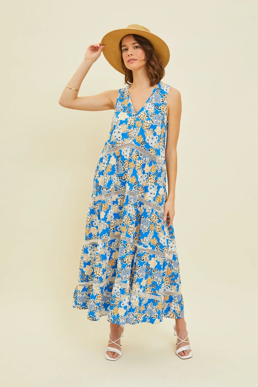 Heather Printed Crochet Trim Maxi Dress