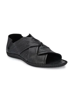 Hitz Men's Black Leather Slip-On Open Toe Casual Sandals