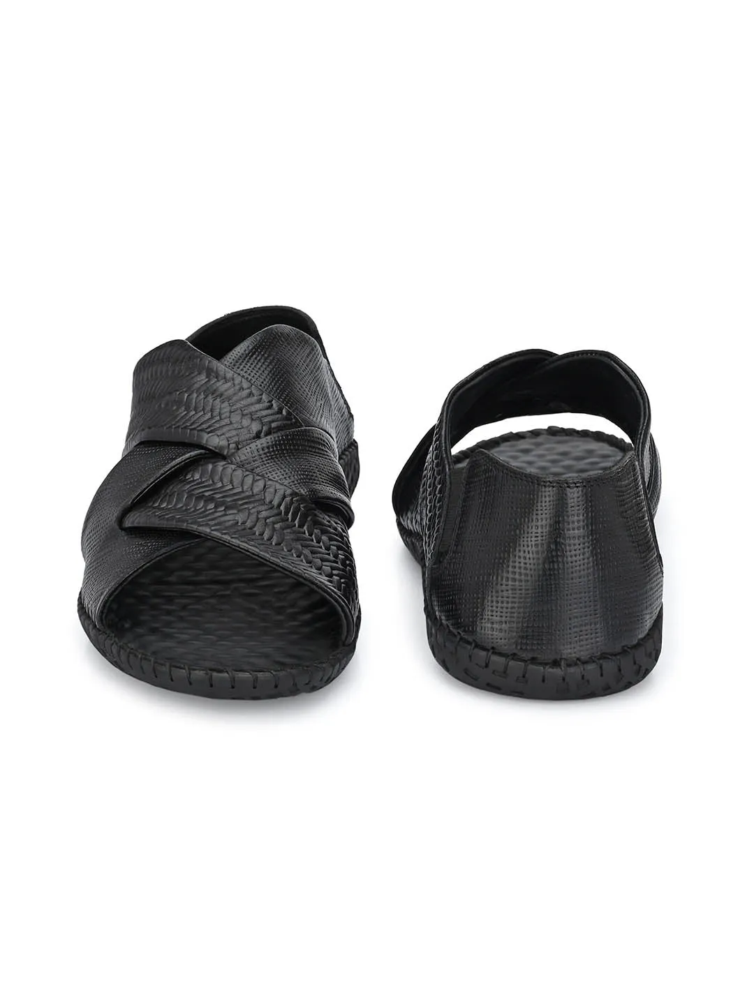 Hitz Men's Black Leather Slip-On Open Toe Casual Sandals