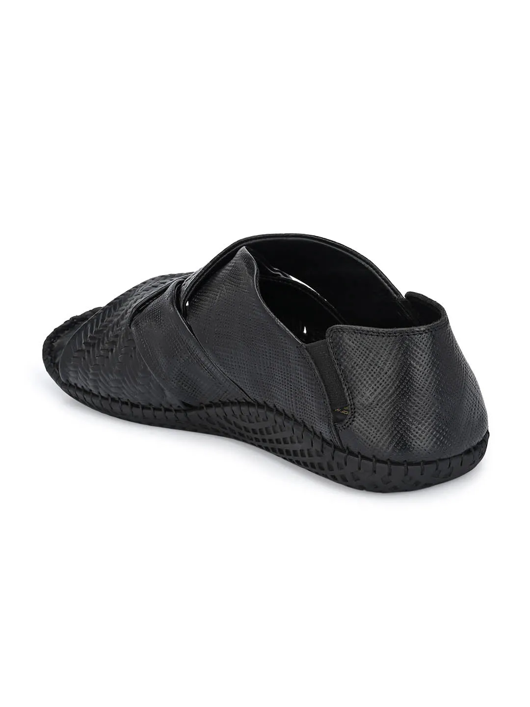 Hitz Men's Black Leather Slip-On Open Toe Casual Sandals