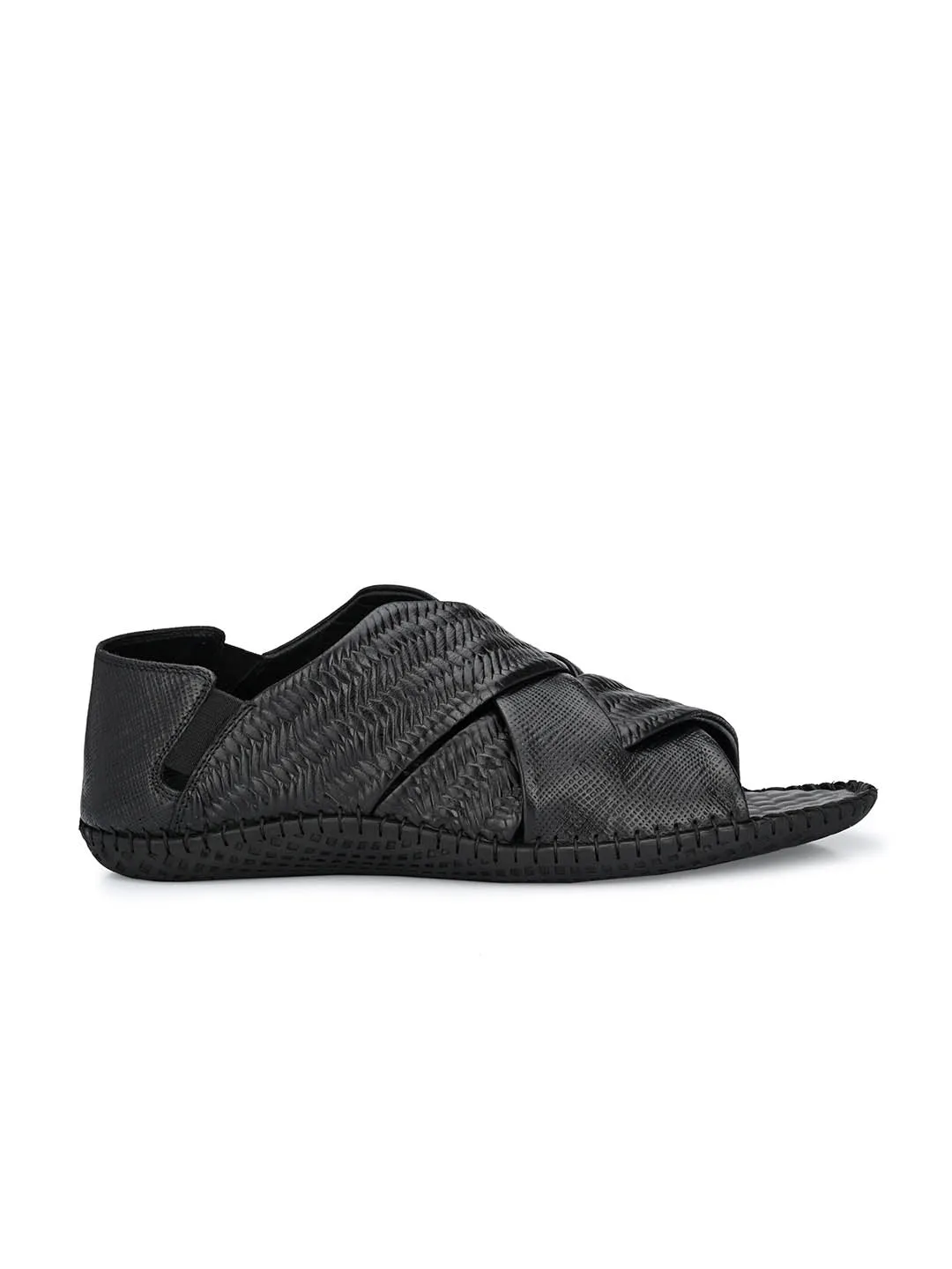 Hitz Men's Black Leather Slip-On Open Toe Casual Sandals