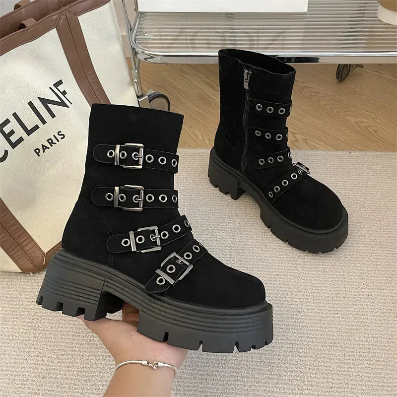 Hnzxzm Chunky High Heels Suede Platform Ankle Boots Women New Winter Fashion Belt Buckle Wedges Shoes Ladies Trend Punk Ankle Boots