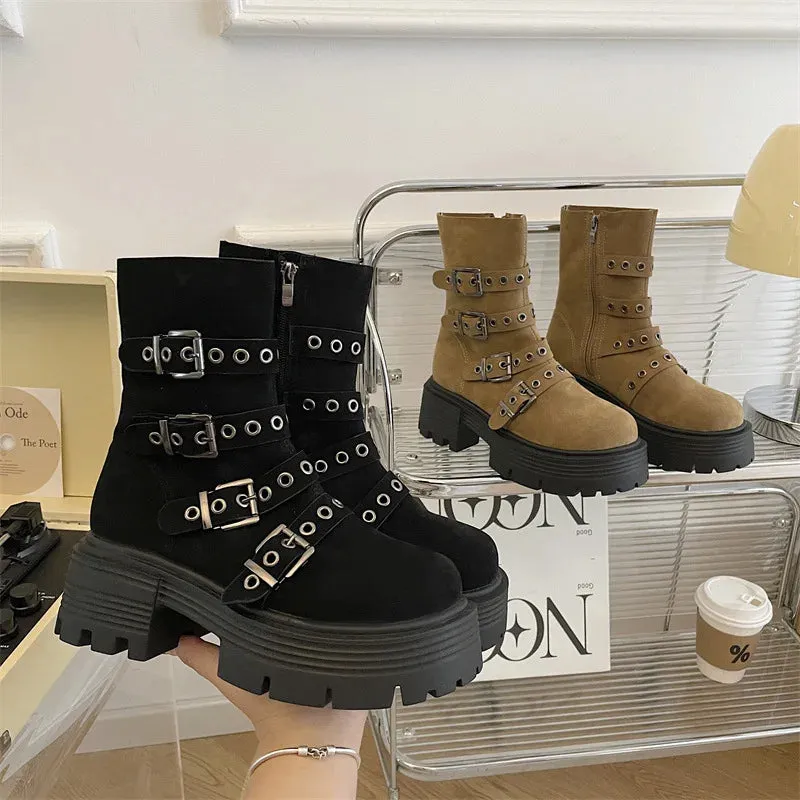 Hnzxzm Chunky High Heels Suede Platform Ankle Boots Women New Winter Fashion Belt Buckle Wedges Shoes Ladies Trend Punk Ankle Boots