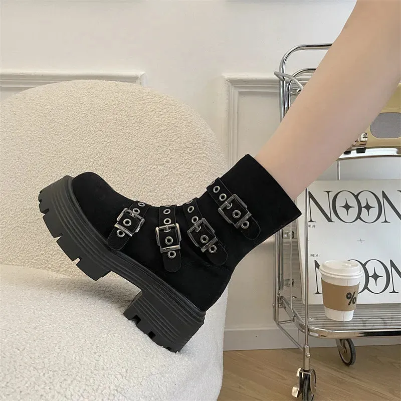 Hnzxzm Chunky High Heels Suede Platform Ankle Boots Women New Winter Fashion Belt Buckle Wedges Shoes Ladies Trend Punk Ankle Boots