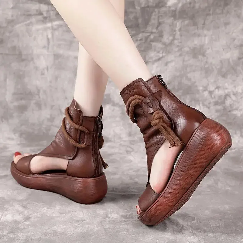 Hnzxzm Comemore Women Summer Roman Sandals Boots Mid Heels Wedges Shoes Ladies Vintage PU Leather