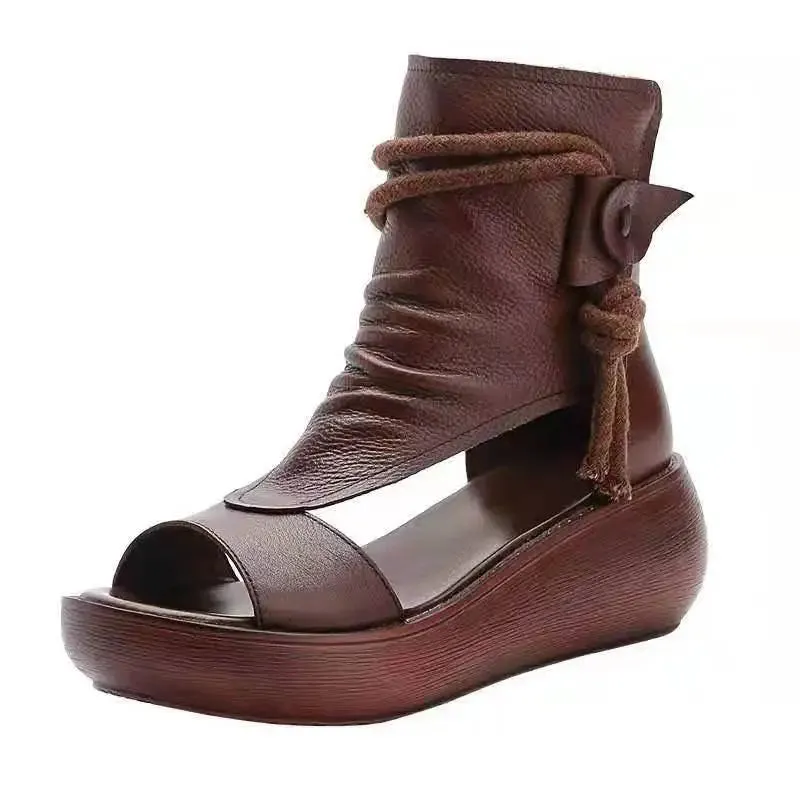 Hnzxzm Comemore Women Summer Roman Sandals Boots Mid Heels Wedges Shoes Ladies Vintage PU Leather