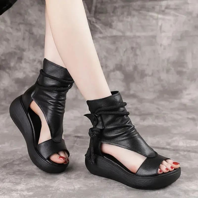 Hnzxzm Comemore Women Summer Roman Sandals Boots Mid Heels Wedges Shoes Ladies Vintage PU Leather