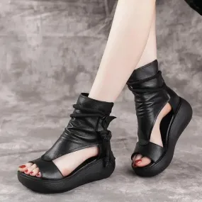 Hnzxzm Comemore Women Summer Roman Sandals Boots Mid Heels Wedges Shoes Ladies Vintage PU Leather