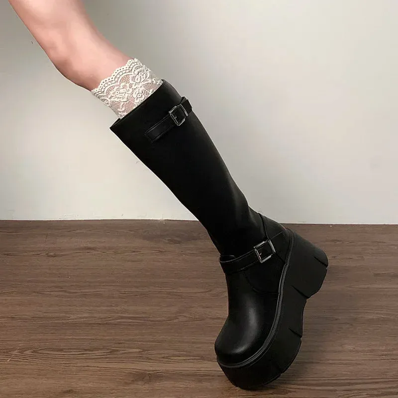 Hnzxzm Platform Wedges Heel Women Knee High Boots Fashion Belt Buckle Slip On Long Booties Autumn Winter Female Shoes