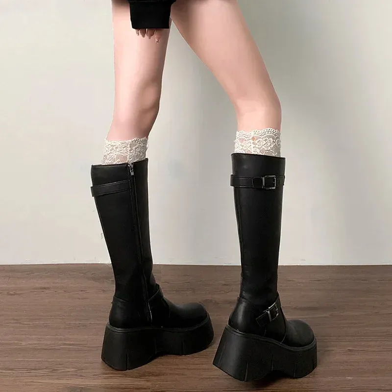 Hnzxzm Platform Wedges Heel Women Knee High Boots Fashion Belt Buckle Slip On Long Booties Autumn Winter Female Shoes