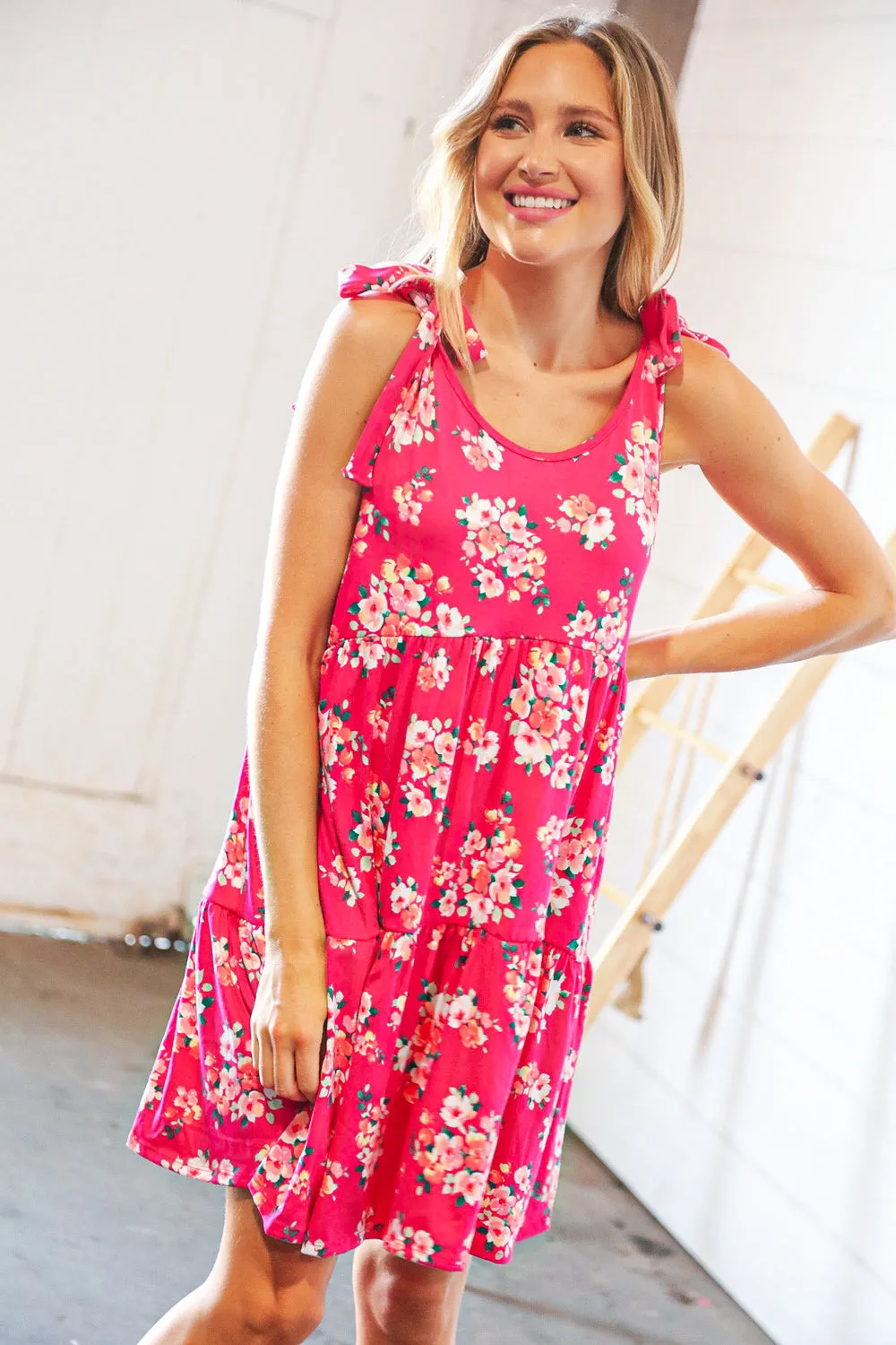 Hot Pink Floral Shoulder Tie Knot Tiered Dress