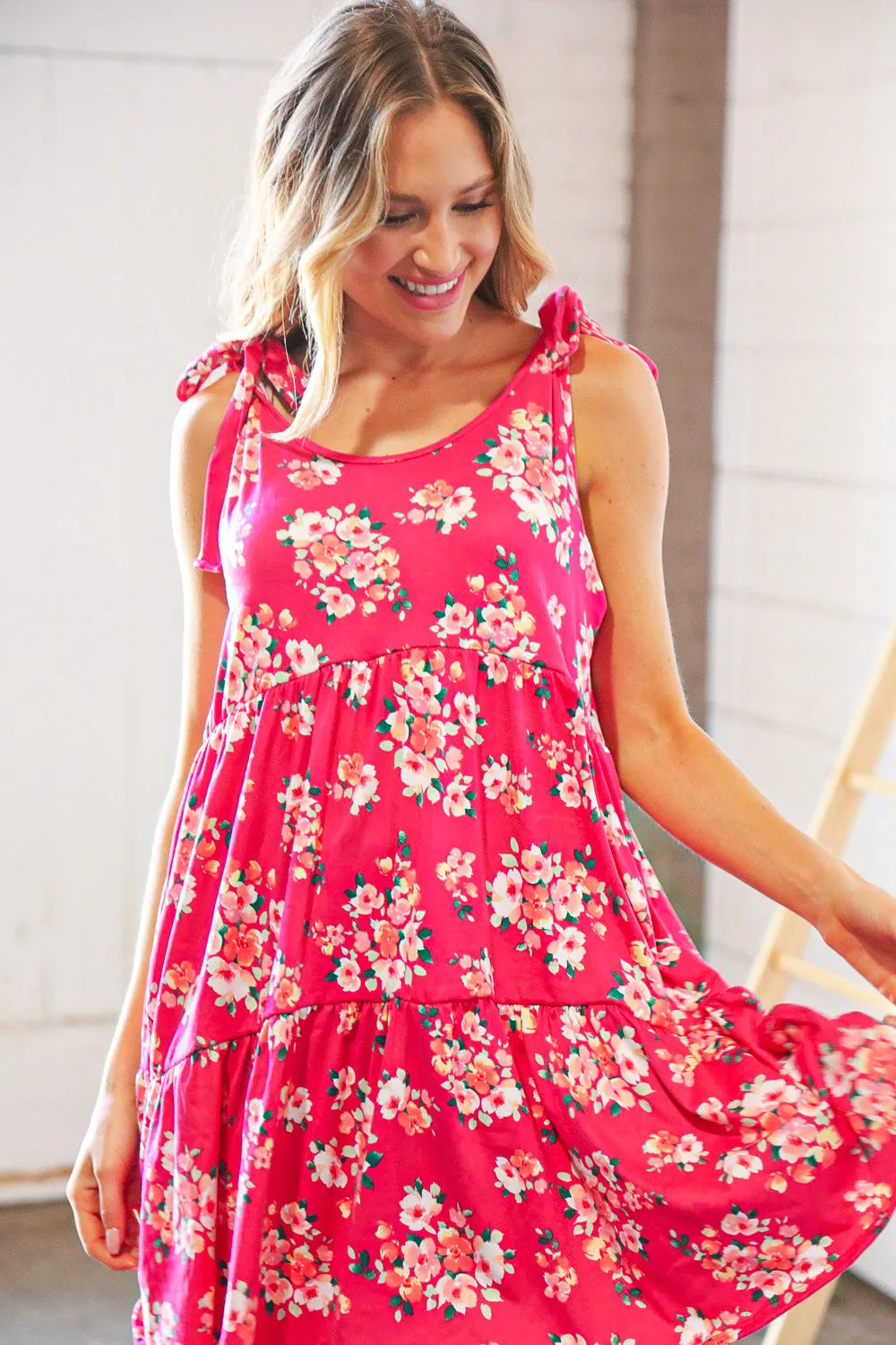 Hot Pink Floral Shoulder Tie Knot Tiered Dress