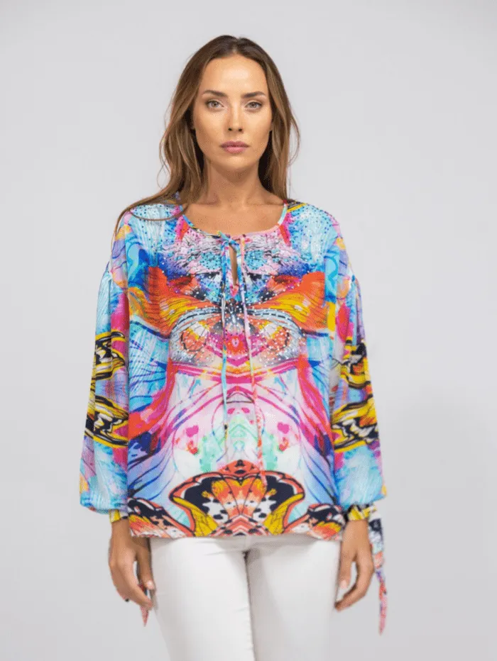 Inoa Canberra Printed Silk KNOT CUFF Long Sleeve Top with Crystals 205