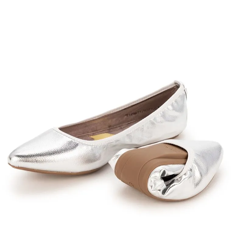 JANEY Ballet Flat Shoes - Silver Tumble Nappa