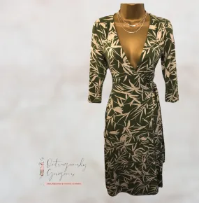 Kaliko Green Bamboo Crossover 3/4 Sleeve Wrap Tea Dress  UK 8 US 4 EU 36