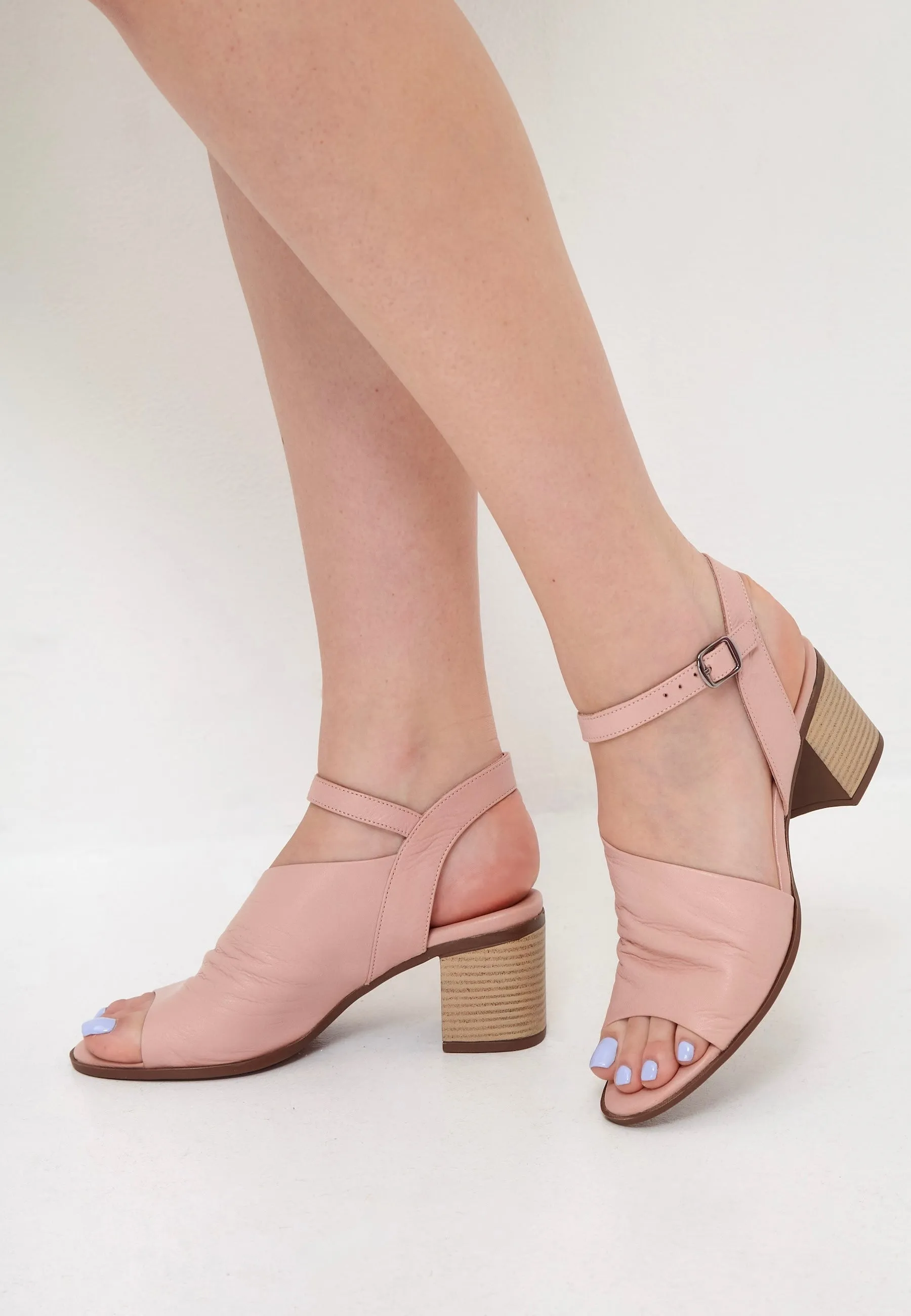 Leather Block Heeled Sandals - Pink