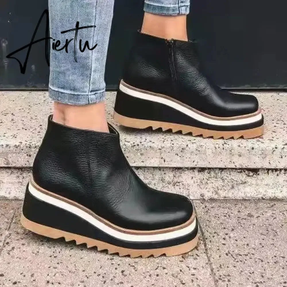 Leather Boots Women Platform Heels Ankle Boots Wedges Casual Fashion Booties Woman Punk Thick Bottom Shoes Zapatos De Mujer