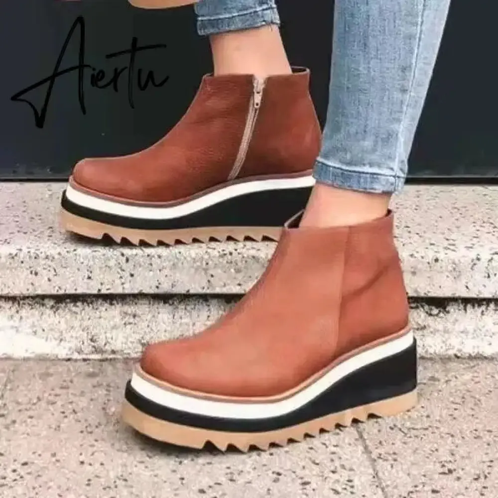 Leather Boots Women Platform Heels Ankle Boots Wedges Casual Fashion Booties Woman Punk Thick Bottom Shoes Zapatos De Mujer