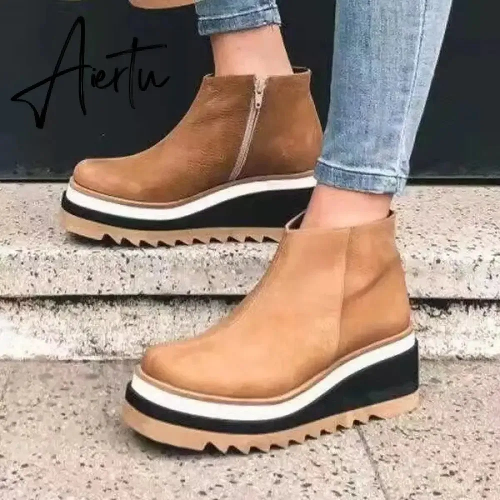 Leather Boots Women Platform Heels Ankle Boots Wedges Casual Fashion Booties Woman Punk Thick Bottom Shoes Zapatos De Mujer