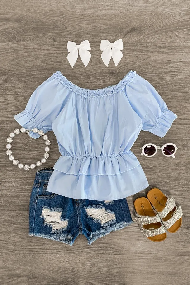 Light Blue Distressed Denim Short Set