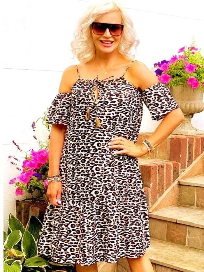 Lindsey Brown Cancun Designer Cold Shoulder Animal Print Dress