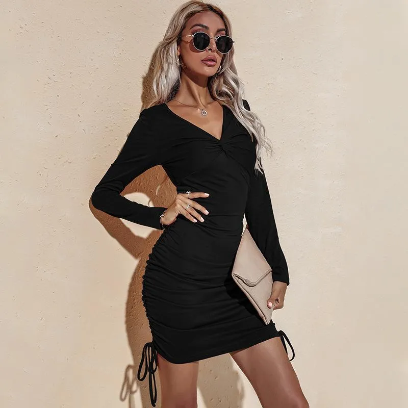 Long Sleeve Deep Sexy Long Sleeve Slim Elastic Bodycon Shirring Mini Dresses