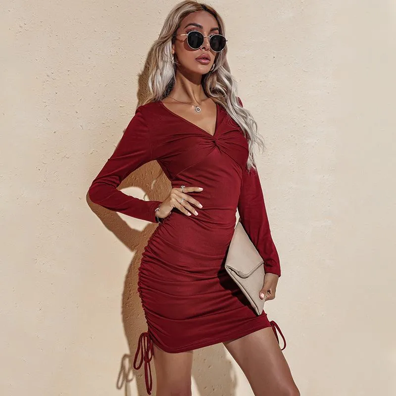 Long Sleeve Deep Sexy Long Sleeve Slim Elastic Bodycon Shirring Mini Dresses