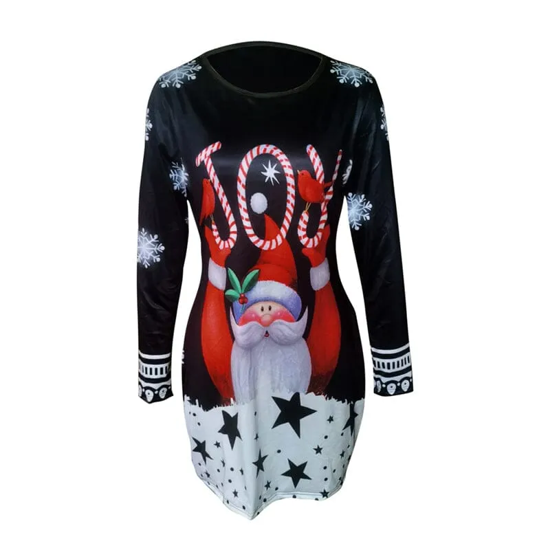 Long Sleeve Round Neck Pullover Christmas Print Sexy Pack Hip Dress