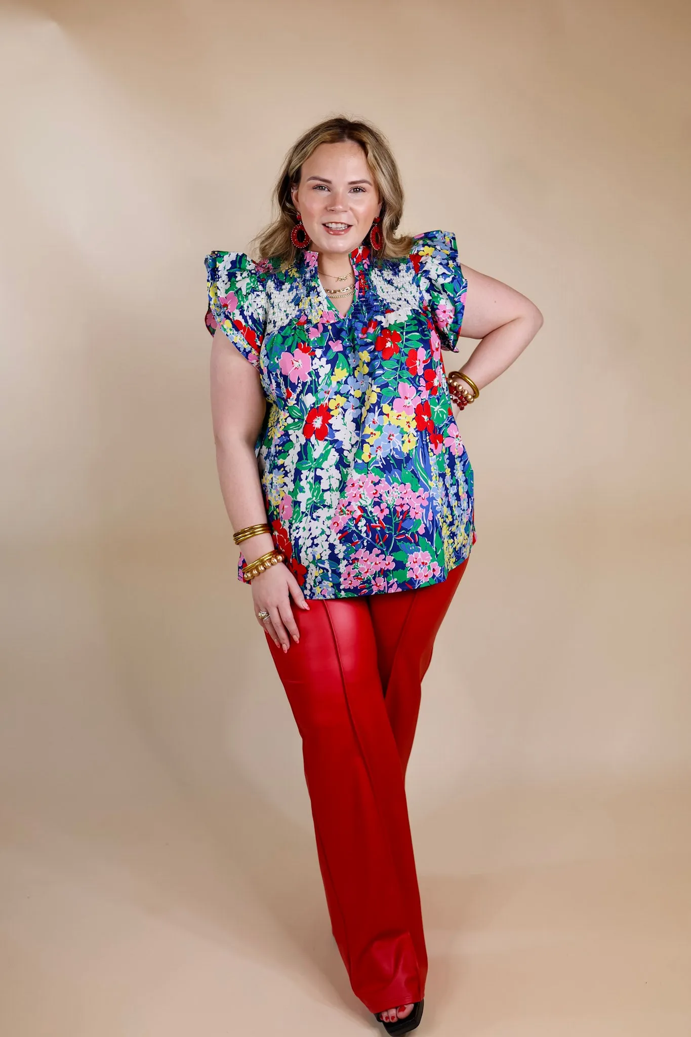 Lovely Line Up Floral Print Top with Ruffle Cap Sleeves in Blue Mix