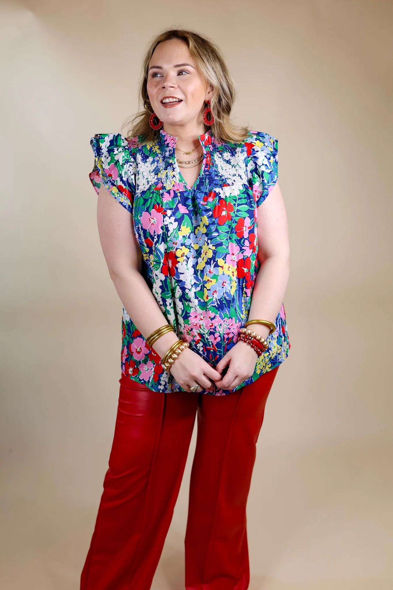 Lovely Line Up Floral Print Top with Ruffle Cap Sleeves in Blue Mix