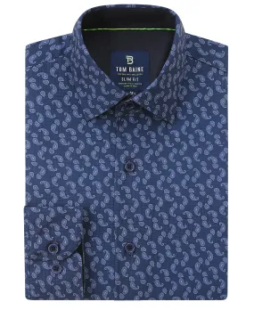 Men's Slim Fit Navy Performance Long Sleeve Printed Shirt