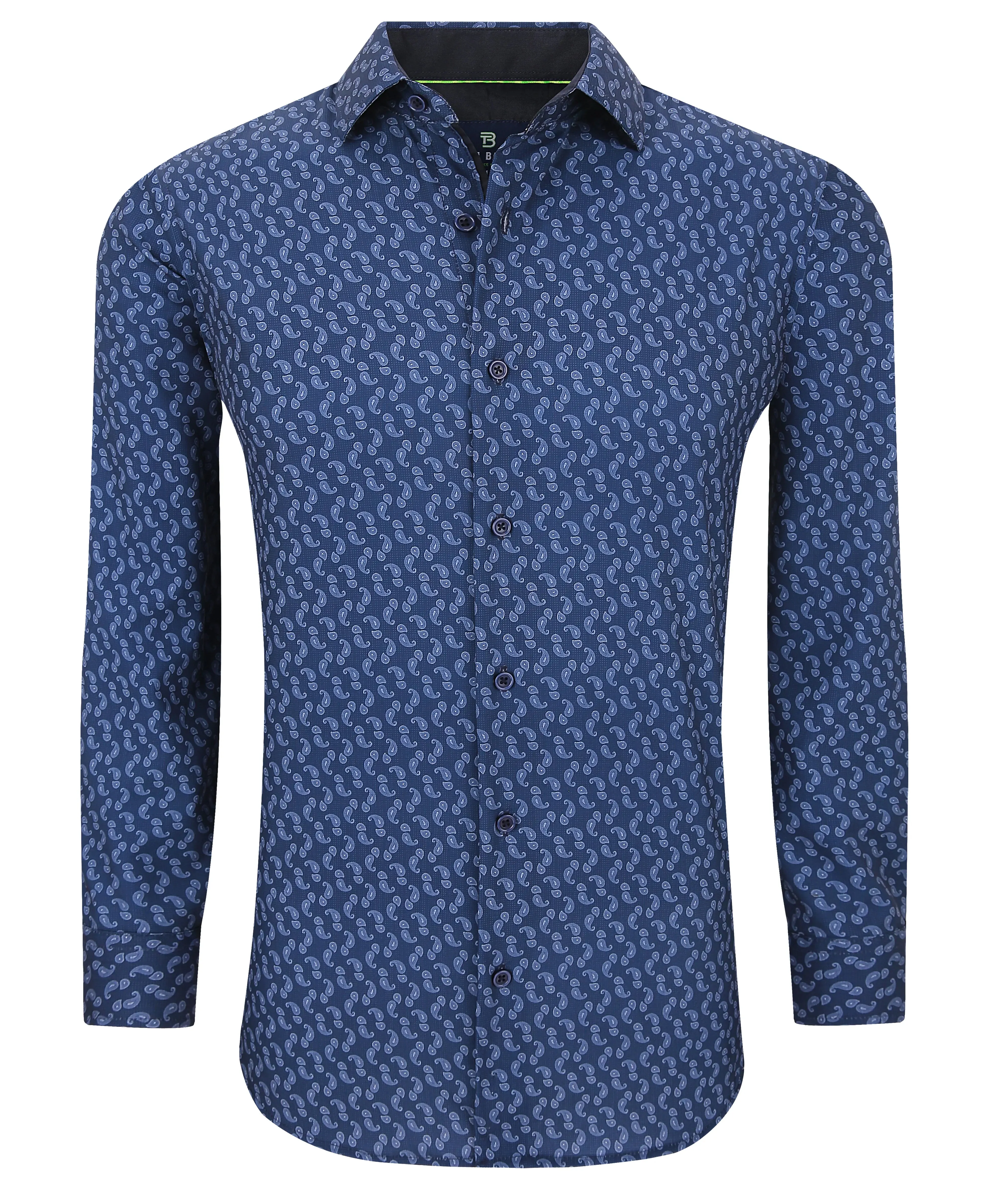 Men's Slim Fit Navy Performance Long Sleeve Printed Shirt