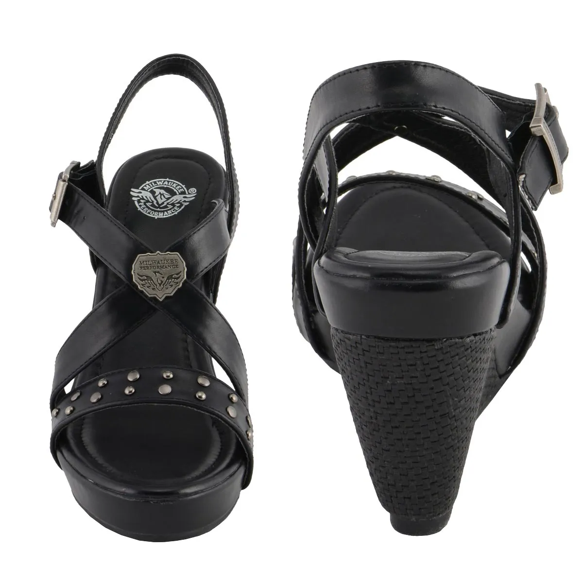 Milwaukee Leather MBL9413 Women's Black Triple Strap Studded Fashion Casual Wedge Sandal