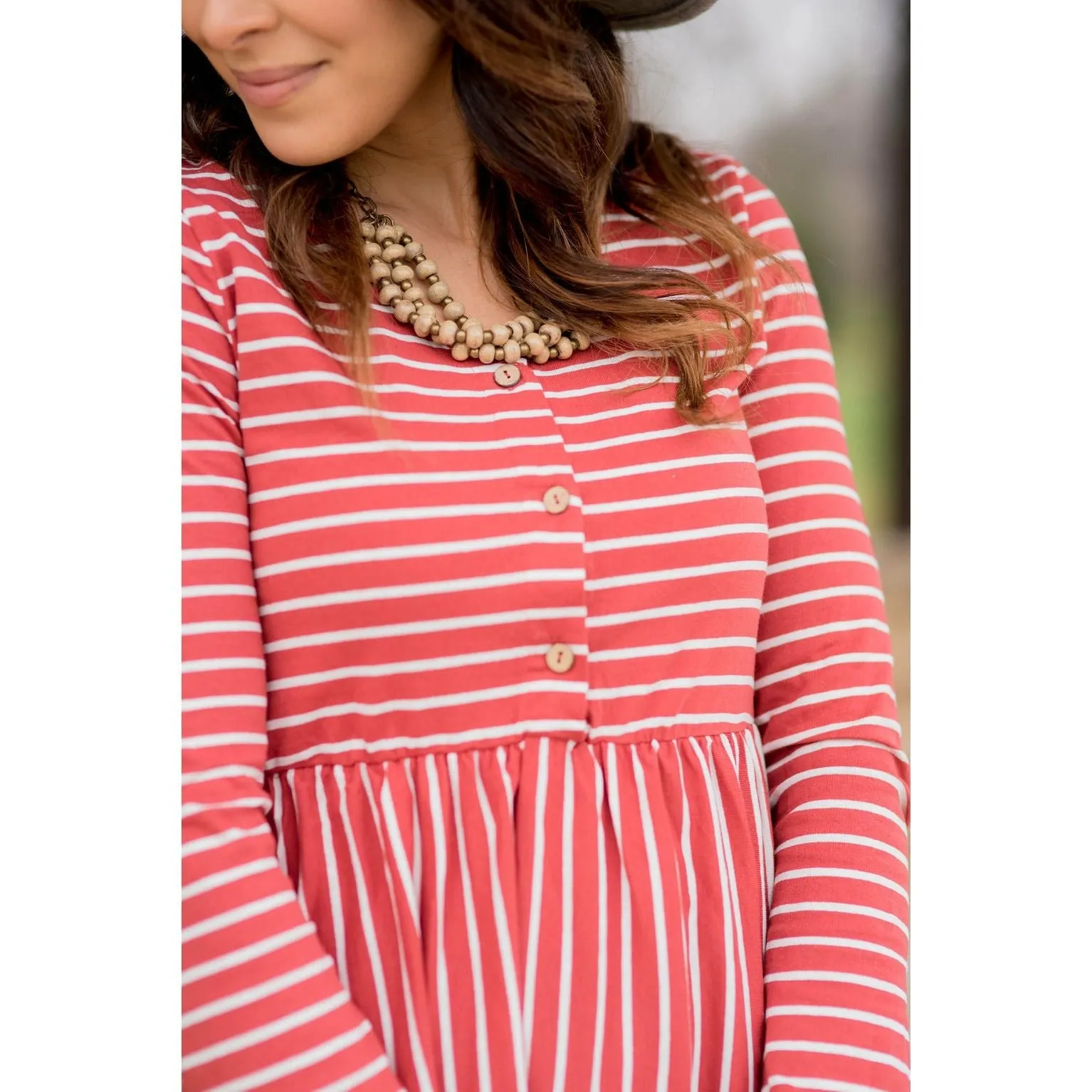 Mixed Stripe Long Sleeve Midi Dress - Marsala