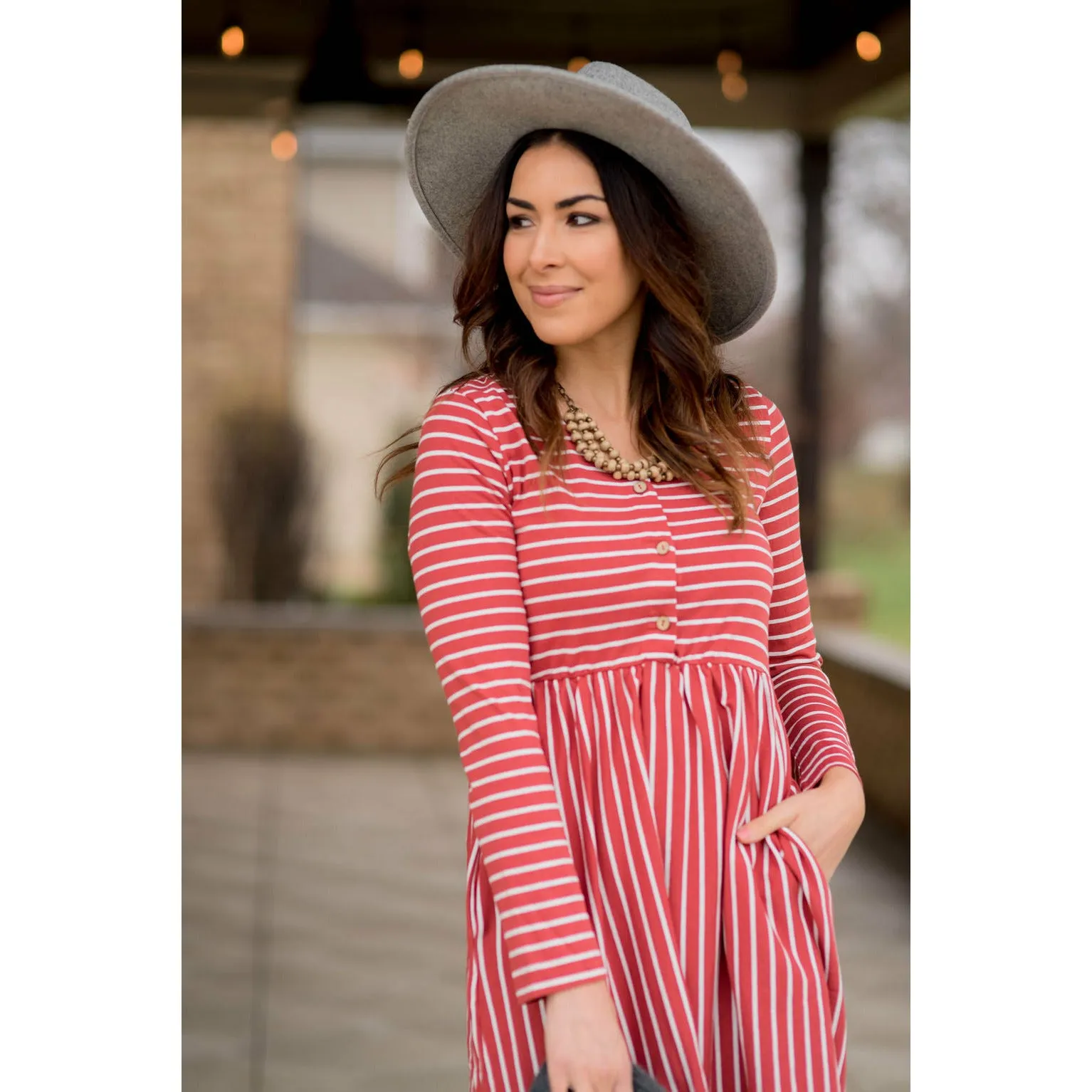 Mixed Stripe Long Sleeve Midi Dress - Marsala