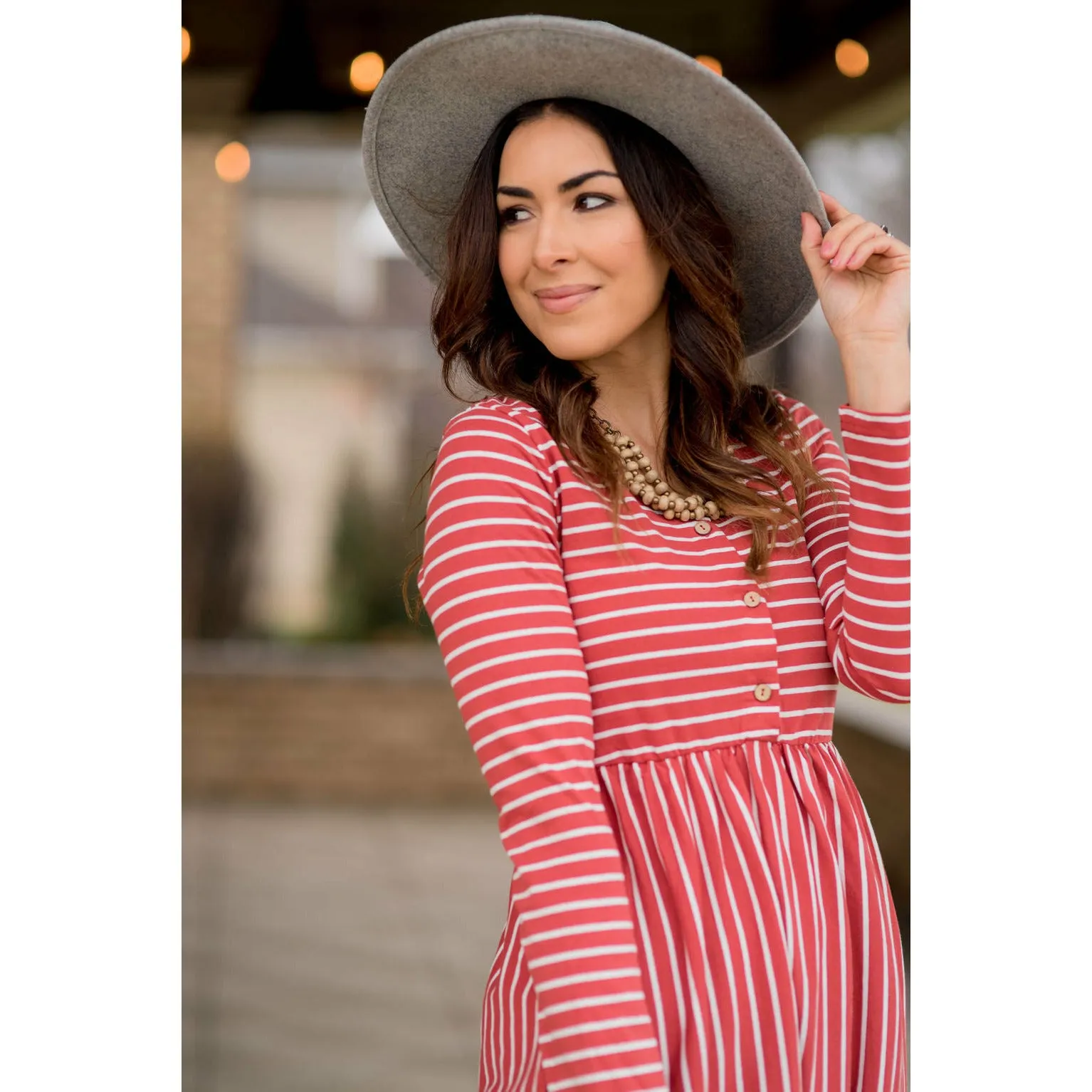 Mixed Stripe Long Sleeve Midi Dress - Marsala