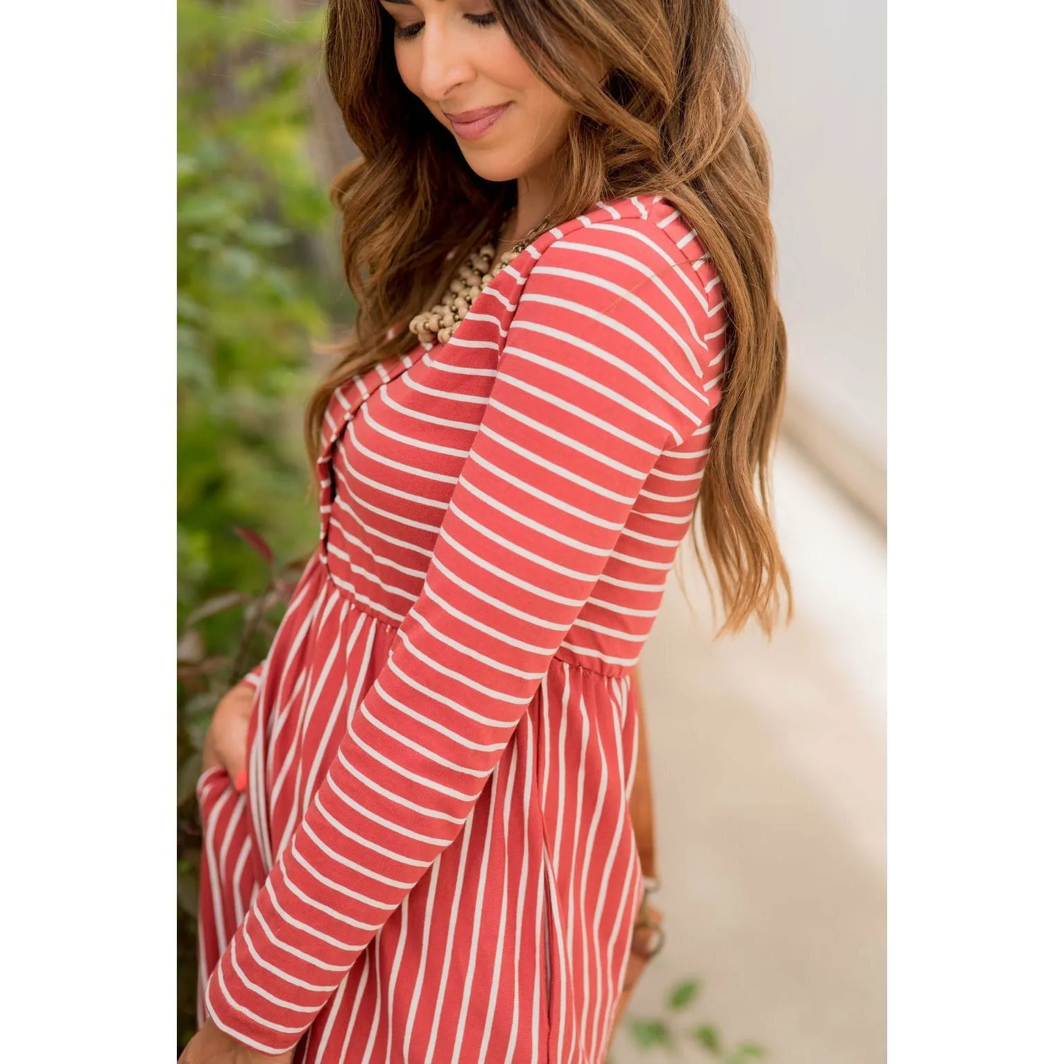 Mixed Stripe Long Sleeve Midi Dress - Marsala