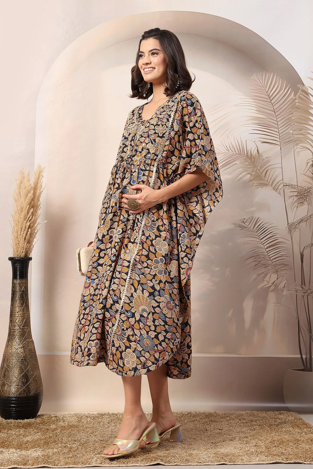 Navy Blue Enchanting Floral Zipless Feeding Maternity Kaftan