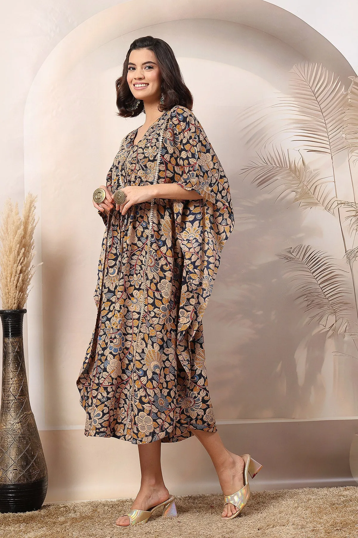 Navy Blue Enchanting Floral Zipless Feeding Maternity Kaftan