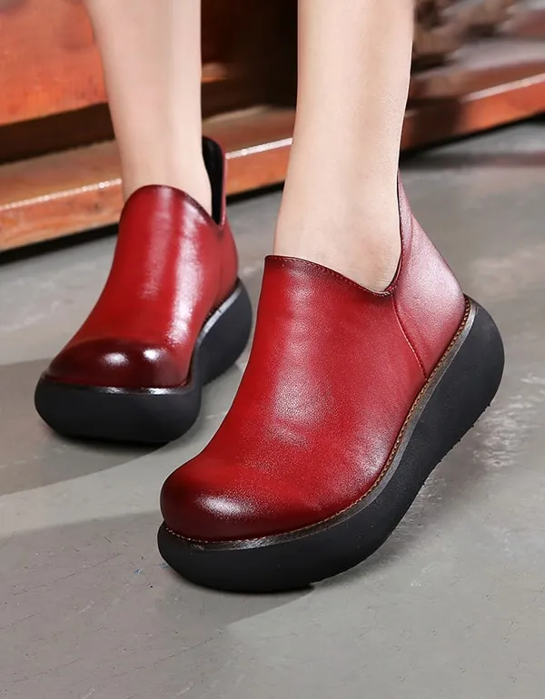 Non-slip Retro Leather Women's Wedge Boots