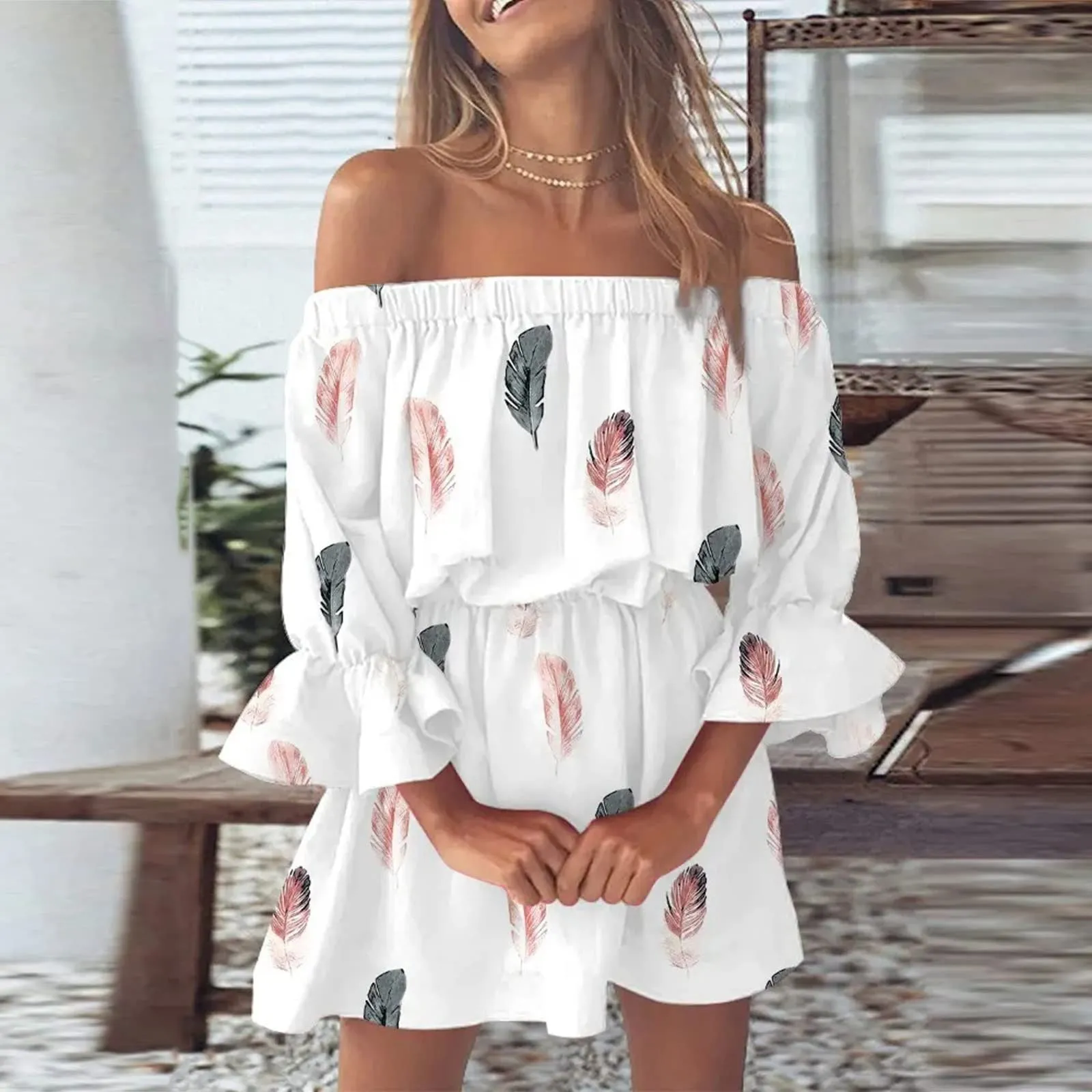 Nsqured Boho Floral Print Off Shoulder Tunic Dress | Casual Mini Sundress Vestido