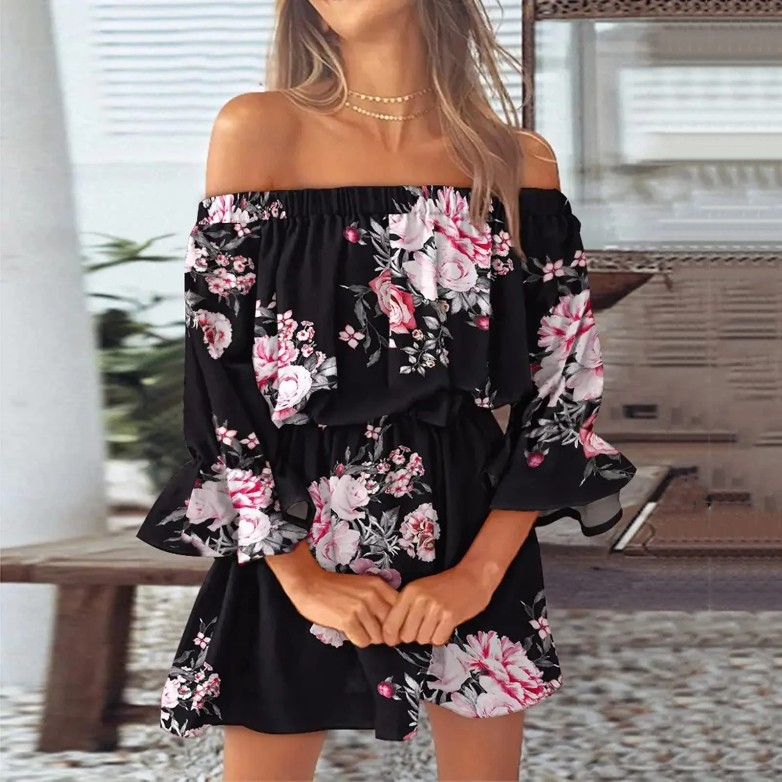 Nsqured Boho Floral Print Off Shoulder Tunic Dress | Casual Mini Sundress Vestido