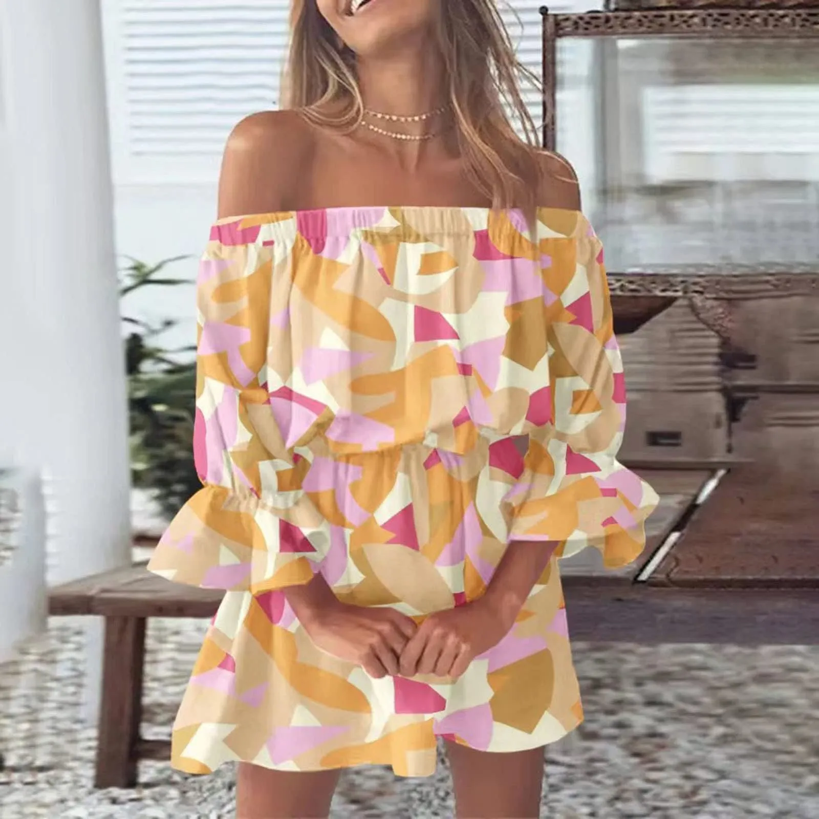 Nsqured Boho Floral Print Off Shoulder Tunic Dress | Casual Mini Sundress Vestido