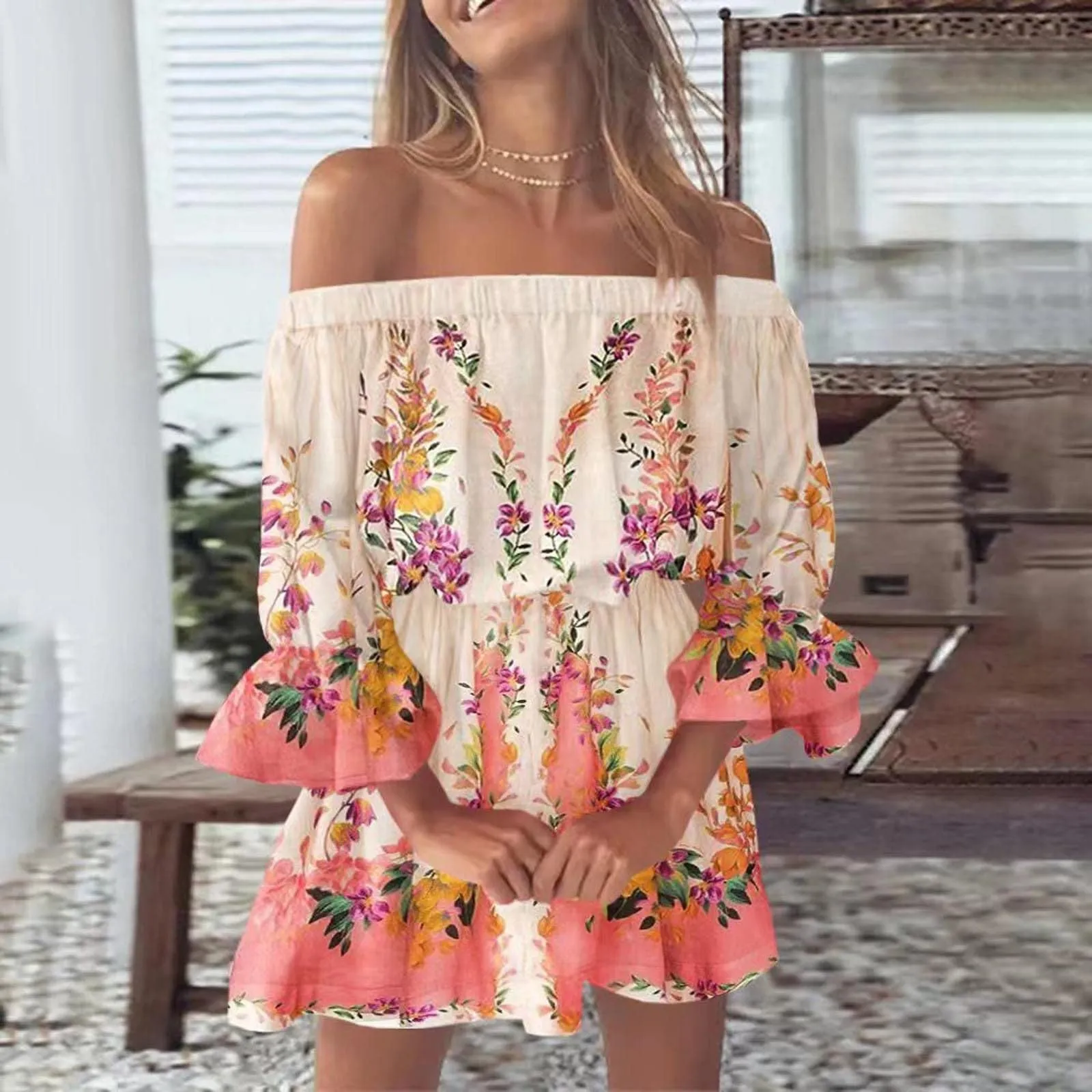 Nsqured Boho Floral Print Off Shoulder Tunic Dress | Casual Mini Sundress Vestido