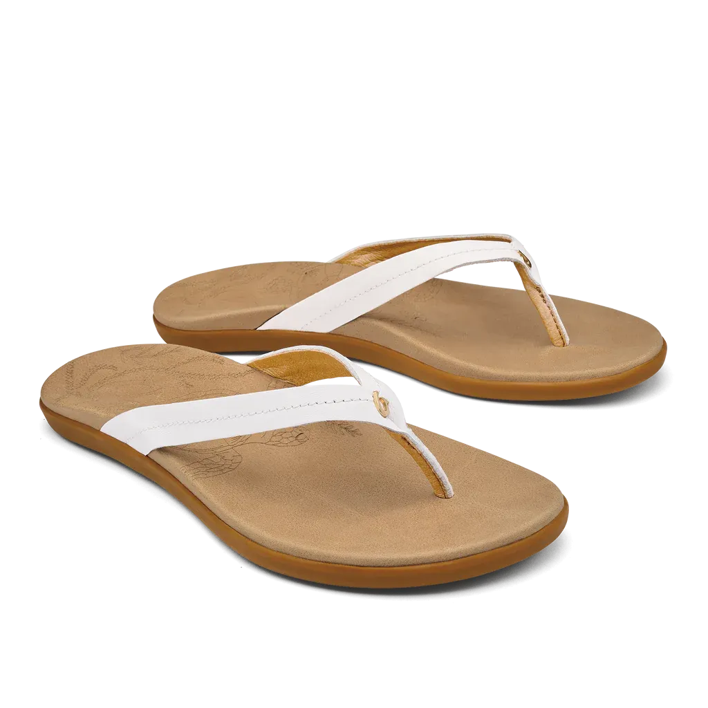 Olukai Women's Honu Leather Sandal  - Bright White/Golden Sand 20436-WBGS