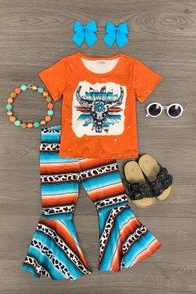 Orange & Turquoise Cow Skull Bell Bottom Set