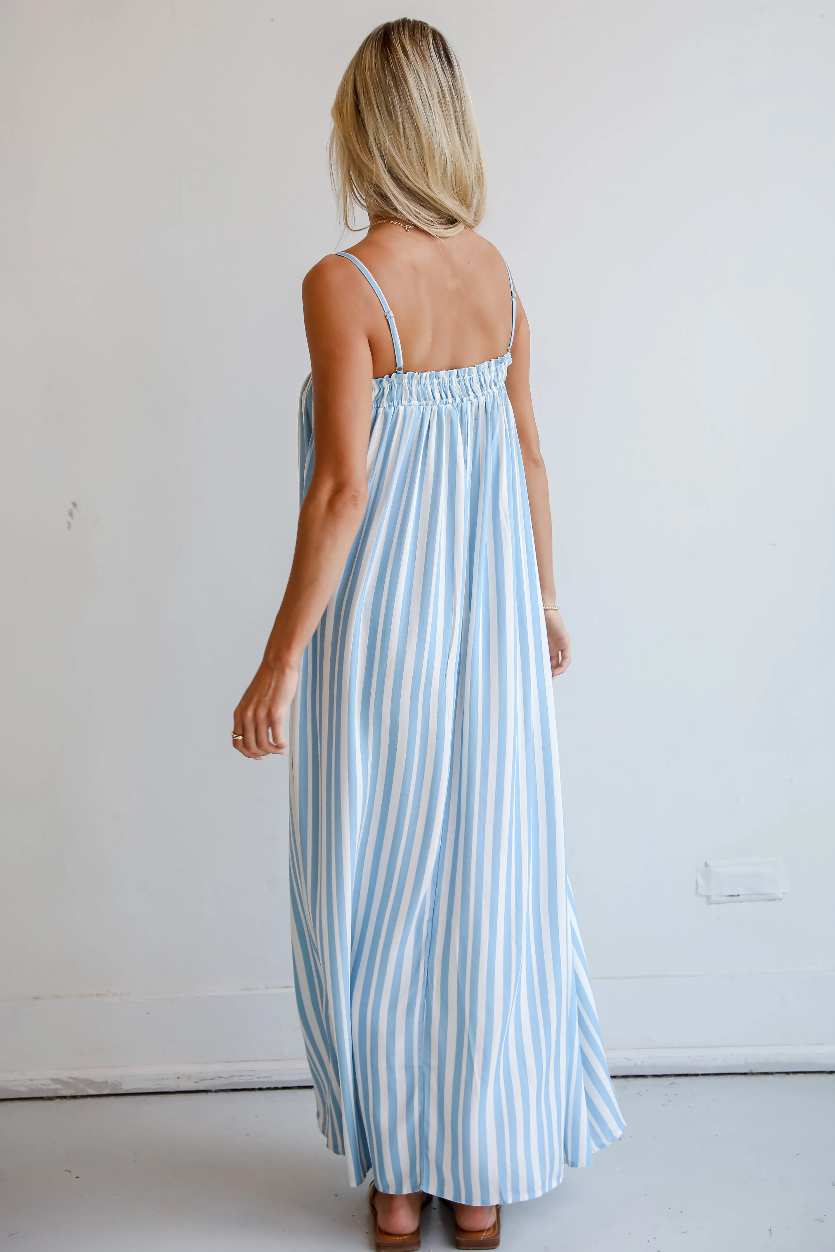 Pacific Tides Light Blue Striped Maxi Dress