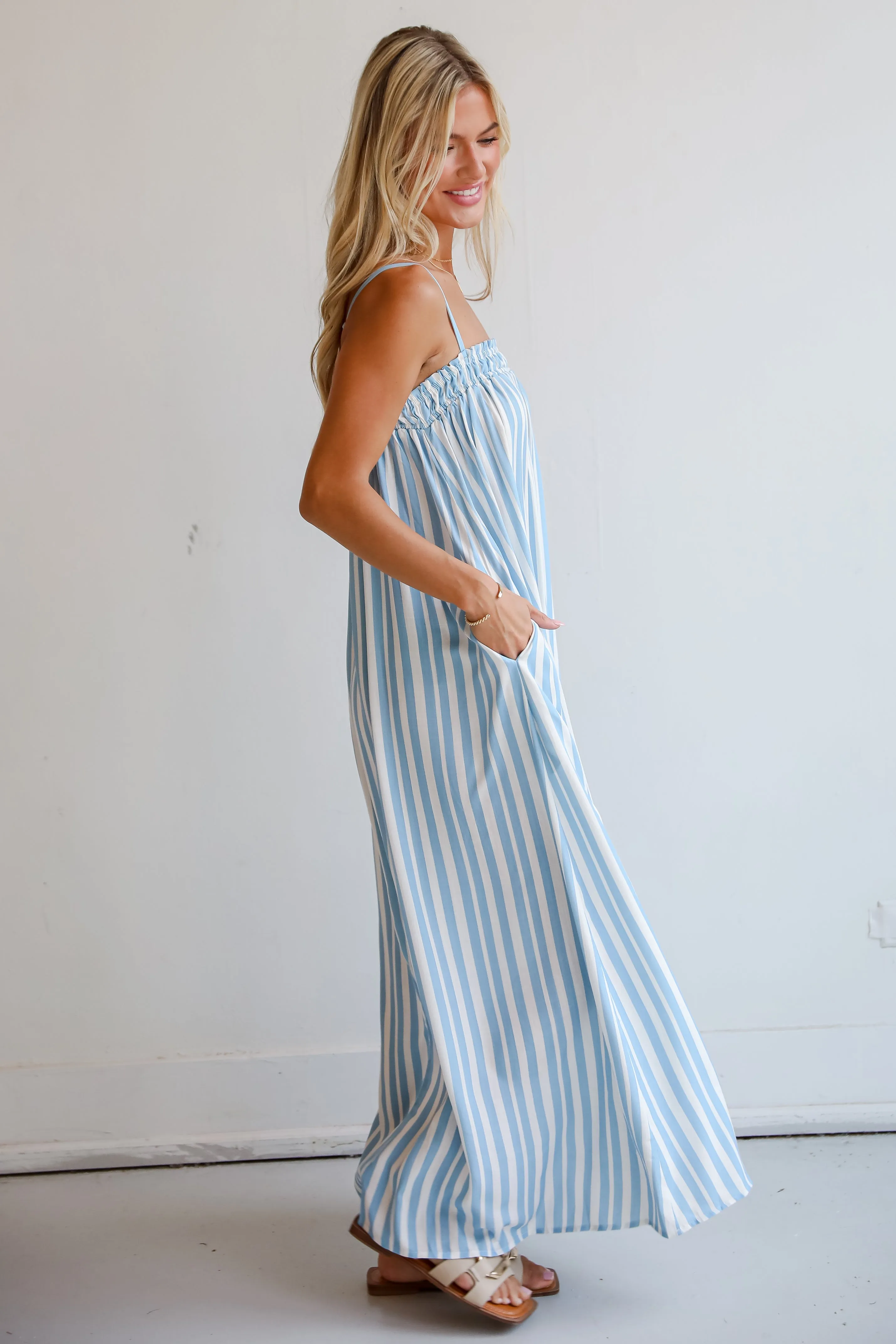 Pacific Tides Light Blue Striped Maxi Dress