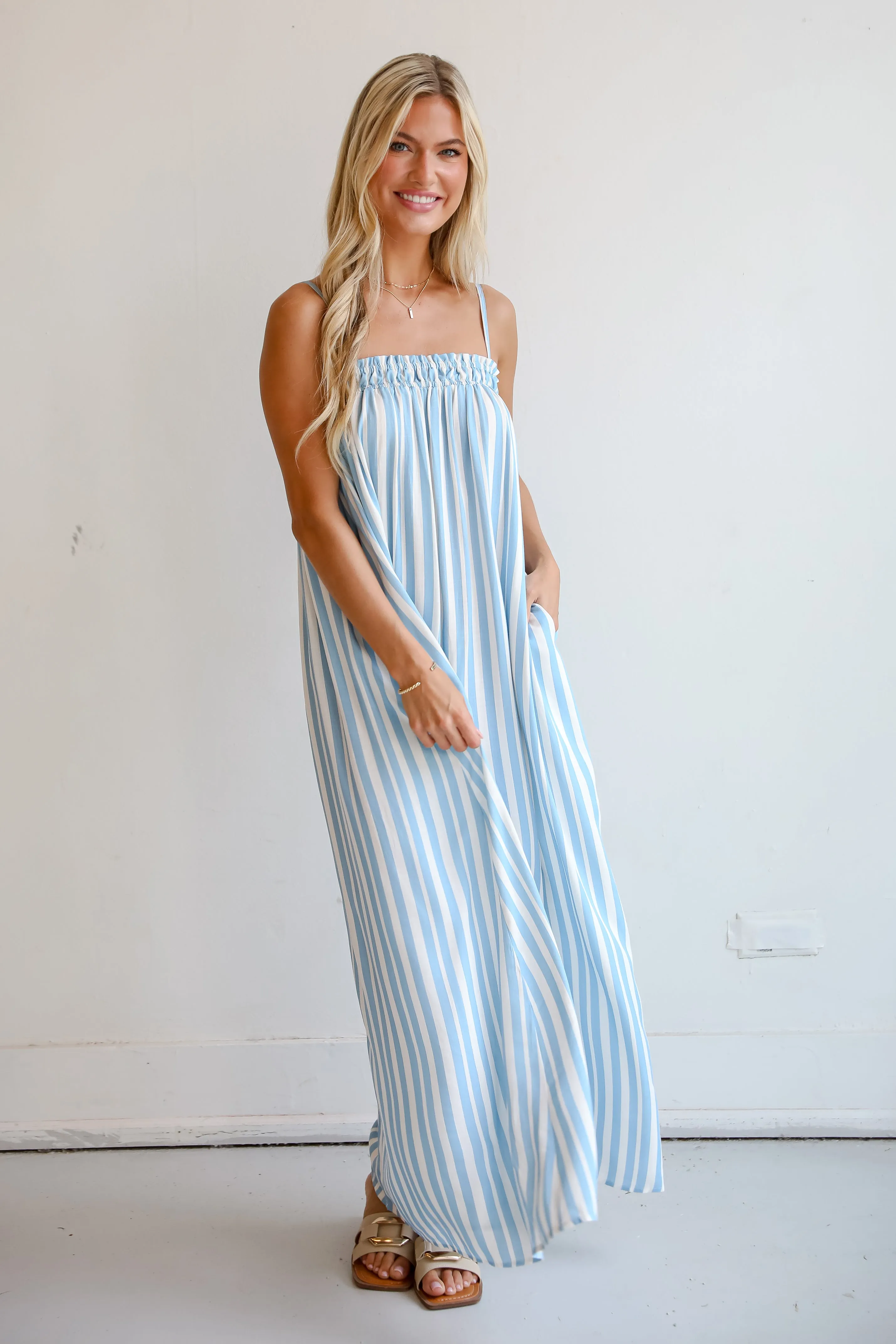 Pacific Tides Light Blue Striped Maxi Dress